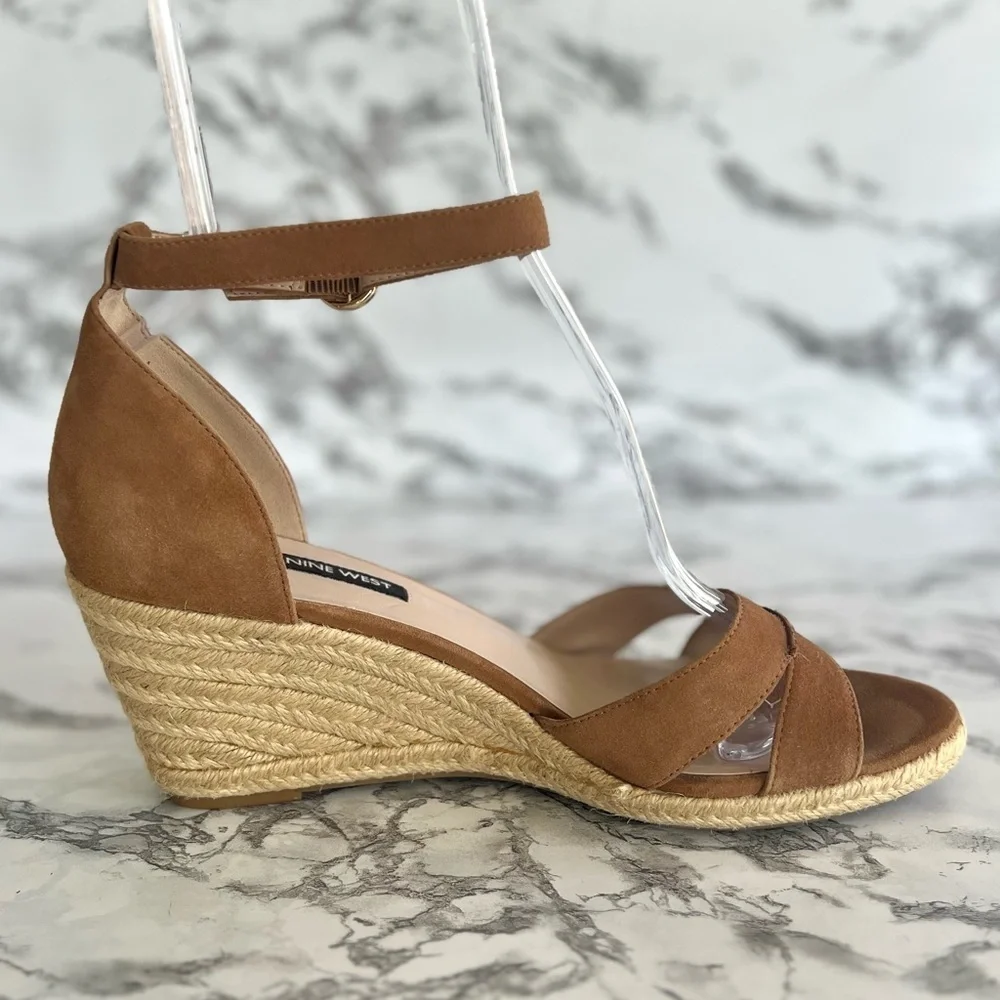 Nine West Jeranna Espadrille Tan Suede Ankle Strap Wedge Sandals 10